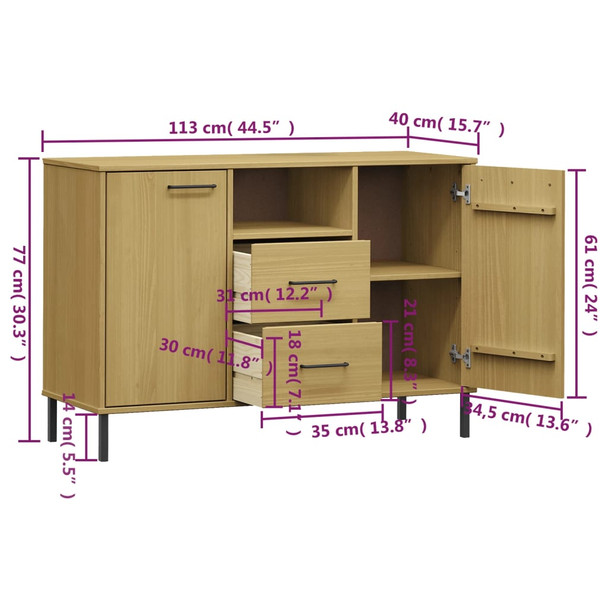 Komoda s metalnim nogama smeđa 113x40x77 cm masivno drvo OSLO 351018