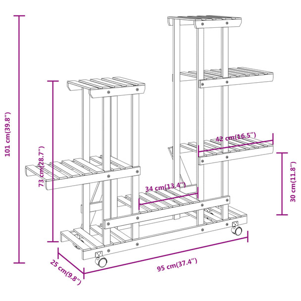 Stalak za cvijeće s kotačima 95x25x101 cm od masivne jelovine 362863