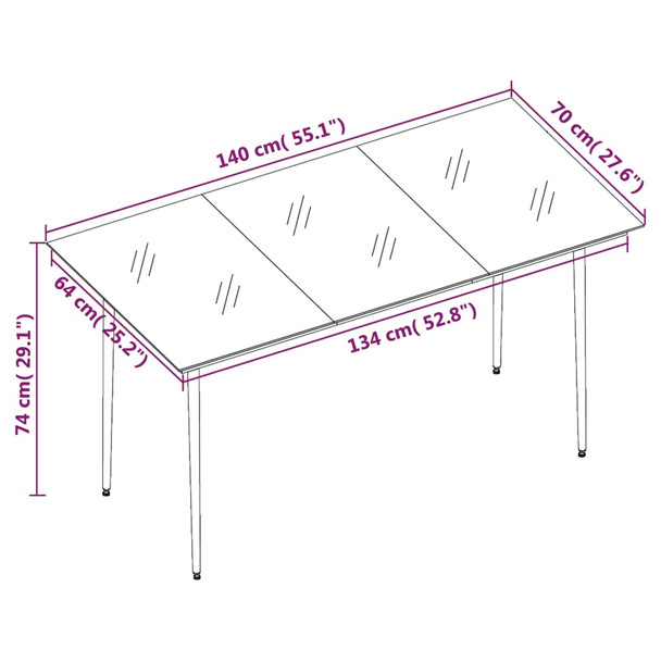 Vrtni blagovaonski stol crni 140x70x74 cm od čelika i stakla 318750