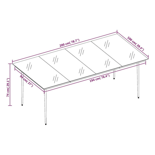 Vrtni blagovaonski stol crni 200 x 100 x 74 cm čelik i staklo 3100108