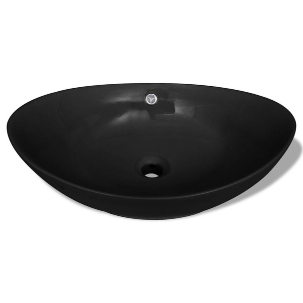 Luksuzni keramički crni ovalni umivaonik sa preljevom, 59 x 38,5 cm