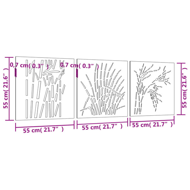 Vrtni zidni ukrasi 3 kom 55 x 55 cm čelik COR-TEN uzorak trave 824509