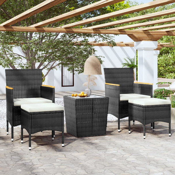 5-dijelni vrtni bistro set od poliratana i kaljenog stakla crni 3058374