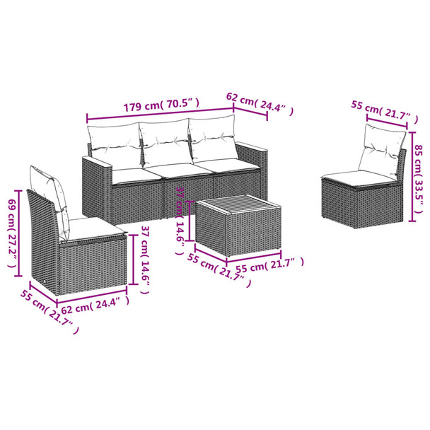 6-dijelni set vrtnih sofa s jastucima crni od poliratana 3258255