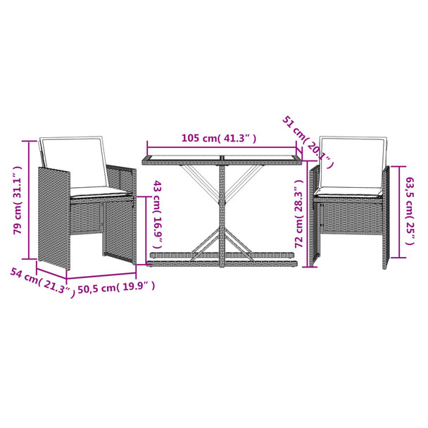 3-dijelni bistro set s jastucima crni od poliratana 365062