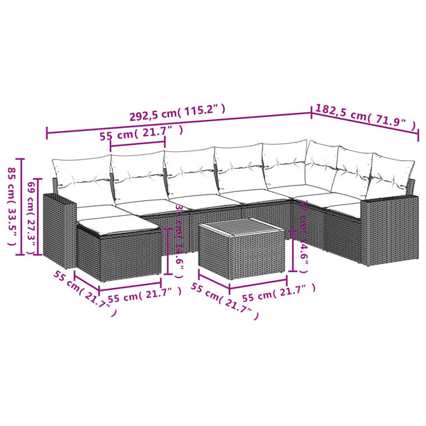 9-dijelni set vrtnih sofa s jastucima crni od poliratana 3224257