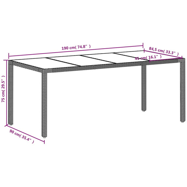 Vrtni stol sa staklenom pločom sivi 190x90x75 cm od poliratana 368128