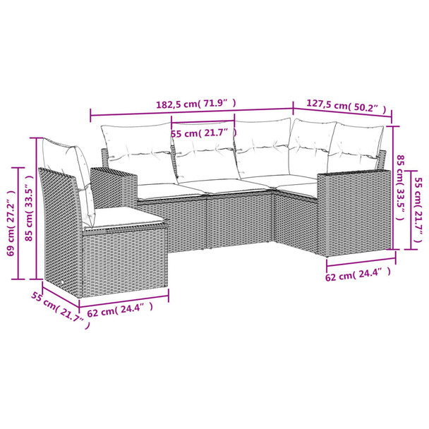 5-dijelni set vrtnih sofa s jastucima poliratan smeđi 3251310
