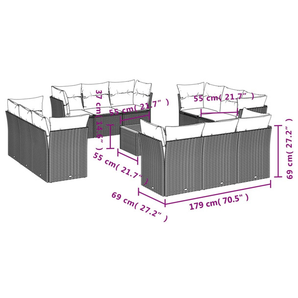 13-dijelni set vrtnih sofa s jastucima poliratan crni 3223535