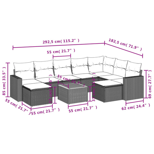 10-dijelni set vrtnih sofa s jastucima crni od poliratana 3224403