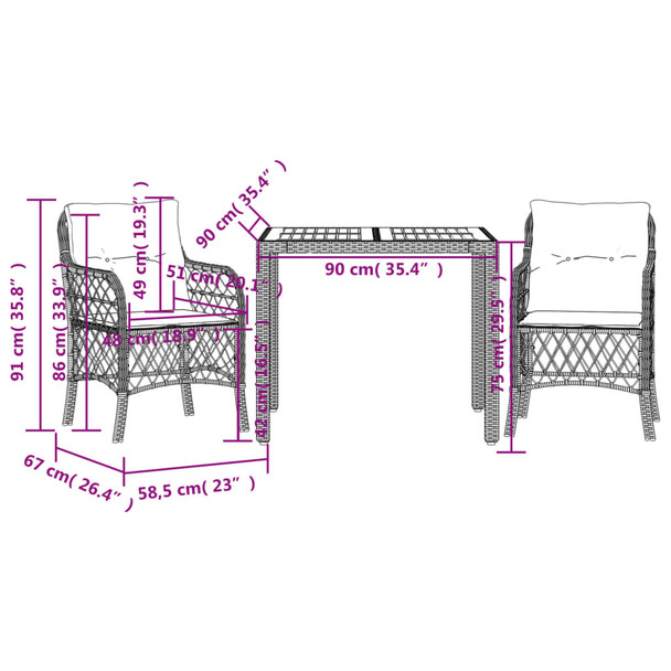 3-dijelni bistro set od poliratana s jastucima sivi 3212048