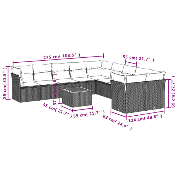 11-dijelni set vrtnih sofa od poliratana s jastucima crni 3256181
