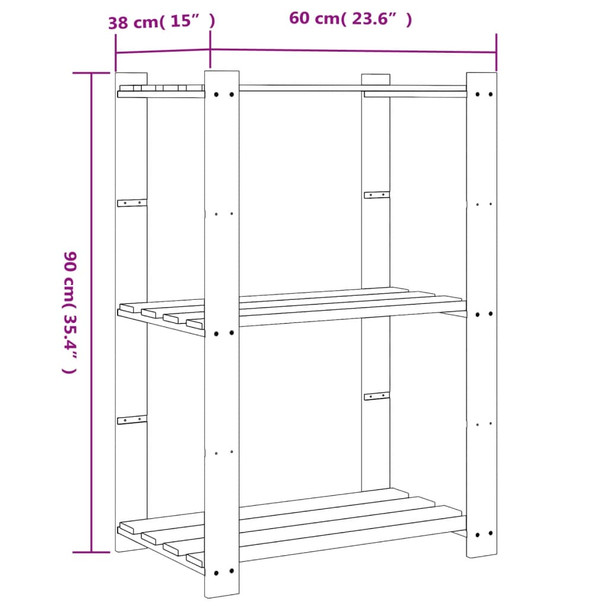 Stalak za pohranu s 3 razine crni 60x38x90 cm masivna borovina n.p