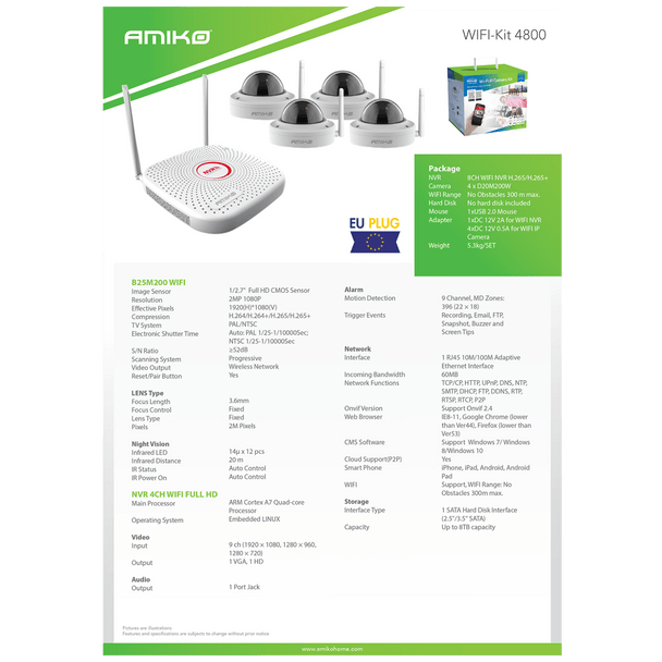 Amiko Home Set za video nadzor, 9ch, 4 x kamera, 2.0 Mpixel, WiFi - CCTV KIT 4800