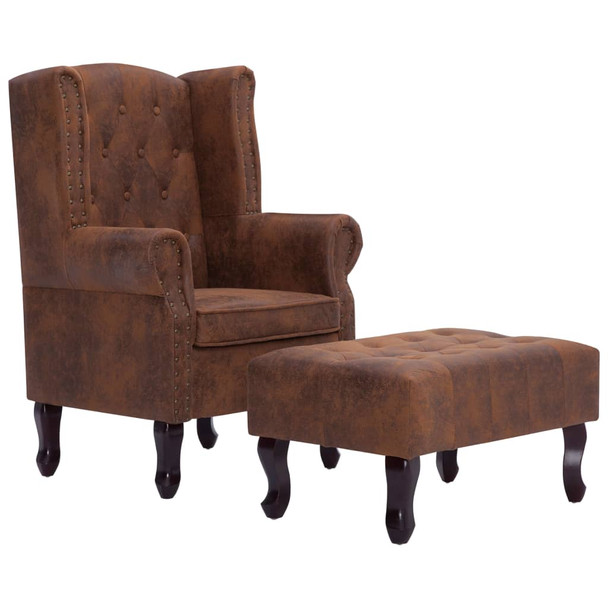 Fotelja Chesterfield s tabureom od umjetne brušene kože smeđa