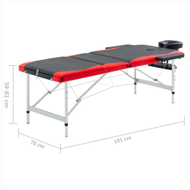 Sklopivi masažni stol s 3 zone aluminijski crno-crveni