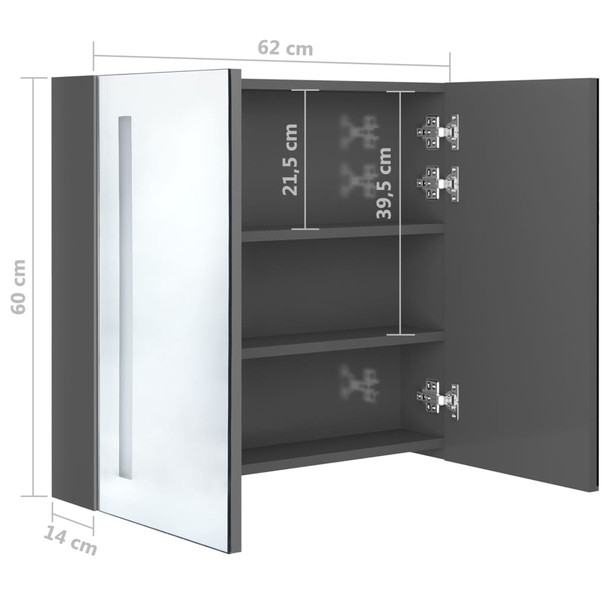 LED kupaonski ormarić s ogledalom sjajni sivi 62 x 14 x 60 cm