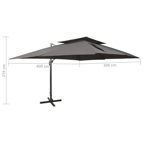 Konzolni suncobran s dvostrukim vrhom 400 x 300 cm antracit