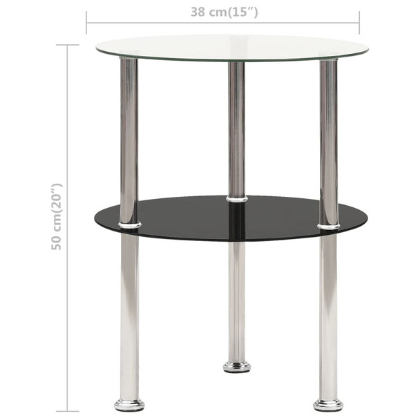 Bočni stolić s 2 razine prozirni i crni 38 cm kaljeno staklo
