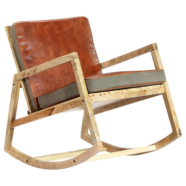 Stolica za ljuljanje od prave kože i masivnog drva manga smeđa