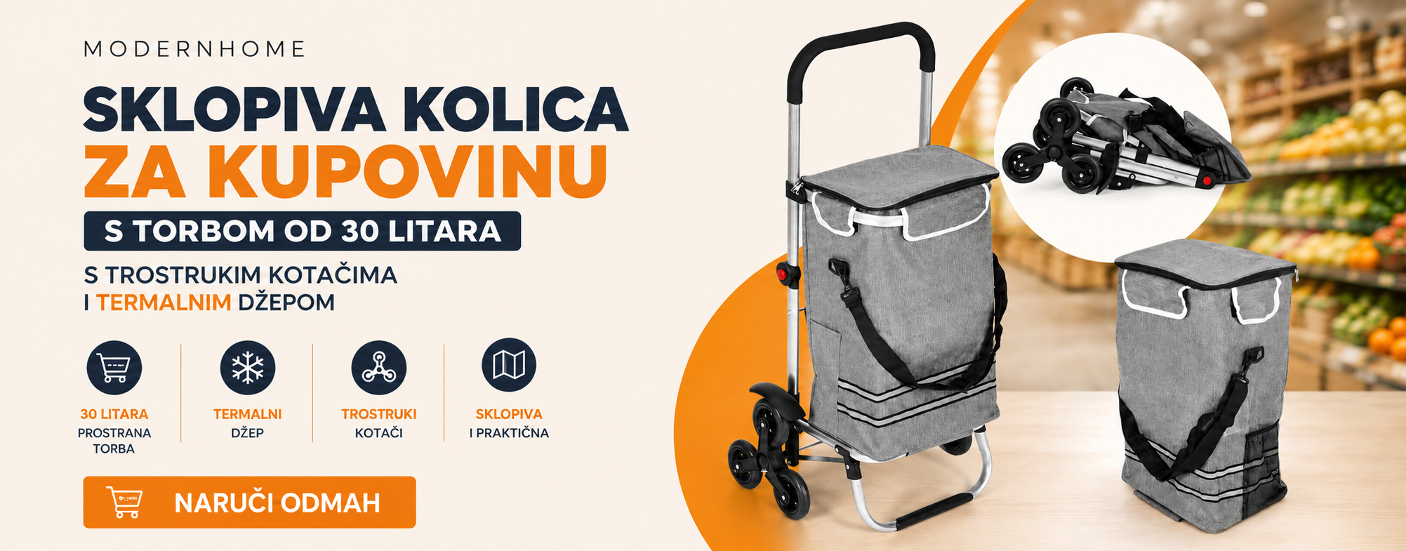Sklopiva kolica za kupovinu s torbom 30 litara
