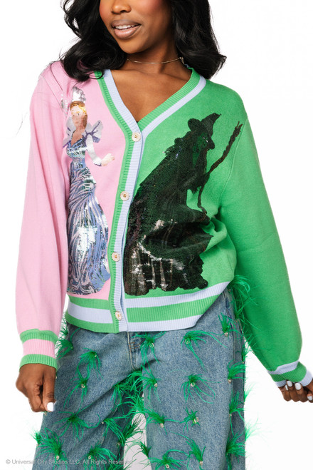 Licensed Wicked Colorblock Glinda & Elphaba Button Up Cardigan Licensed Wicked Colorblock Glinda & Elphaba Button Up Cardigan