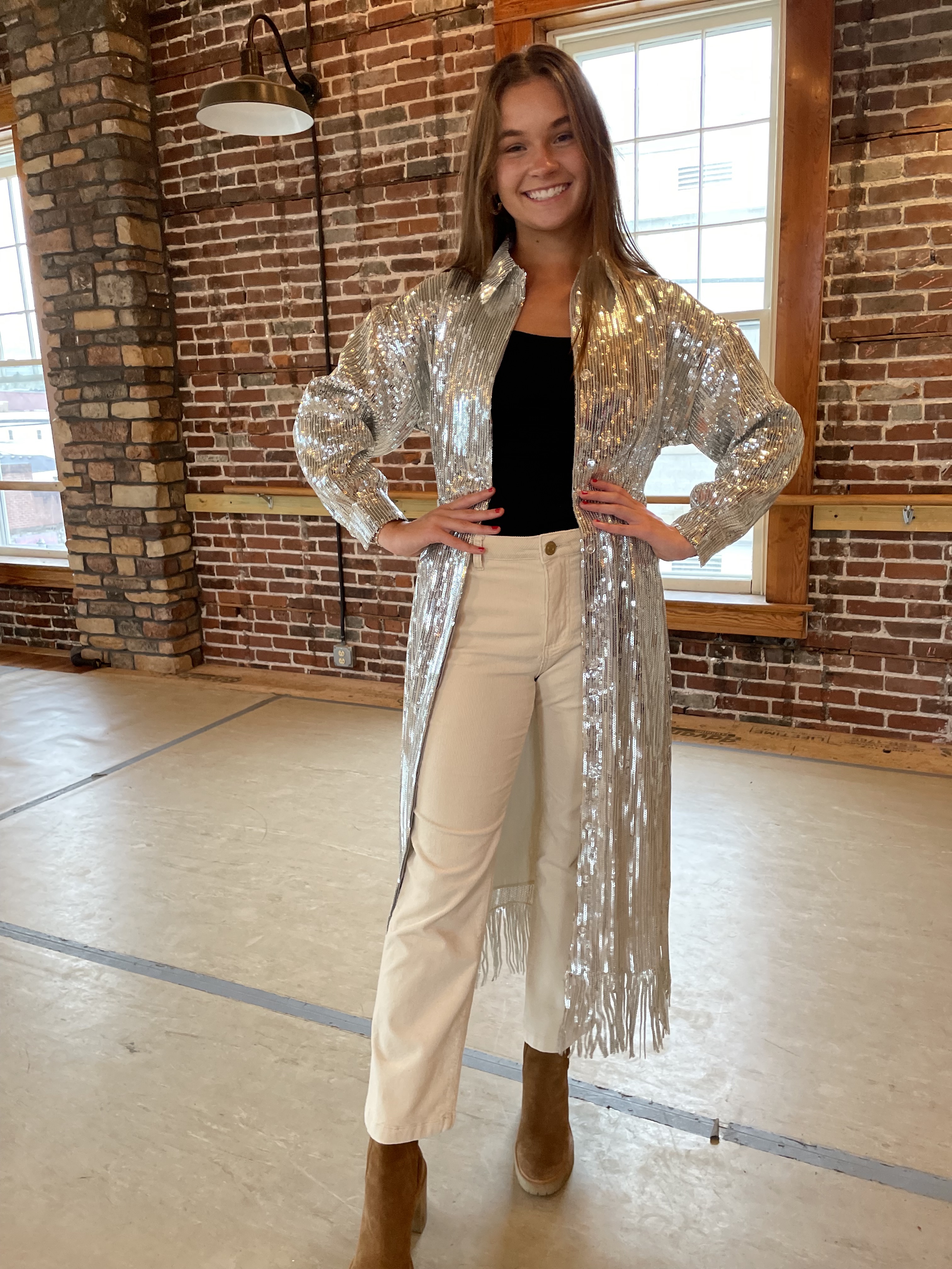 Sequined Duster Jacket In Silver