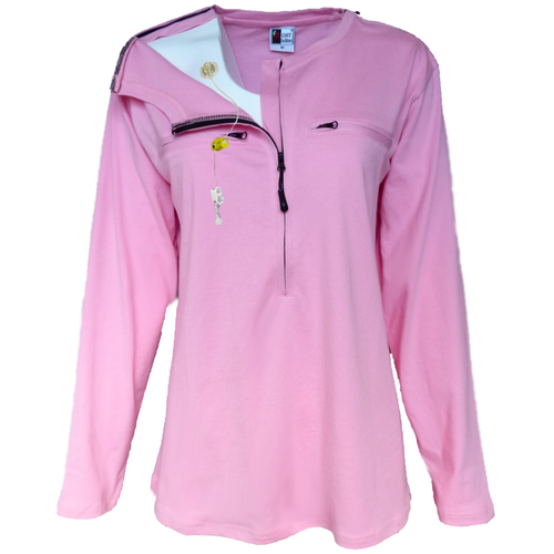Women's easy port access Pink 5 zipper long sleeve Top