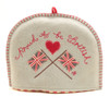Proud to be British Union Jack Flag Tea Cosy, duck egg blue, red heart, wool