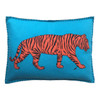 Hand-embroidered rectangular bright blue wool felt cushion. Orange and black appliqué tiger. Luxury designer cushion, perfect for a your favourite sofa or chair