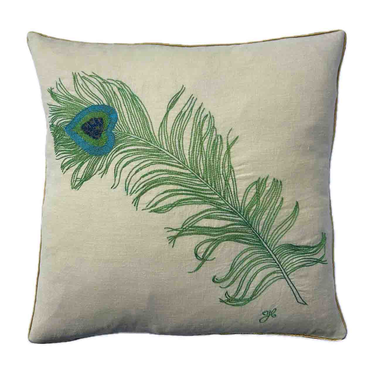 Vintage Peacock Feather Linen Cushion (Natural) Jan Constantine