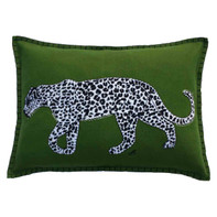 Designer rectangular green wool felt cushion.Black and white leopard appliqué. Tropical. jungle, animal. Hand-embroidered.
 Designer rectangular green wool felt cushion.Black and white leopard appliqué. Tropical. jungle, animal. Hand-embroidered.