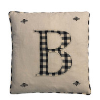 B Gingham Monogram Linen Cushion Cover with  Bee Embroidery (Cream)