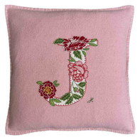 J Floral Embroidered Monogram Cushion Cover (Pink)