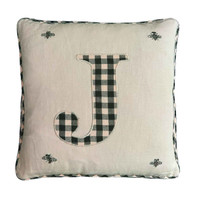 J Gingham Monogram Linen Cushion Cover with  Bee Embroidery (Cream)