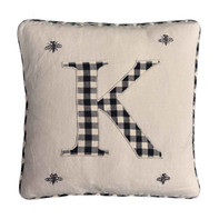 K Gingham Monogram Linen Cushion Cover with  Bee Embroidery (Cream)