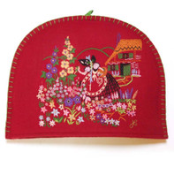 Multi-coloured flowers, garden tea cosy, red wool, hand-embroidered