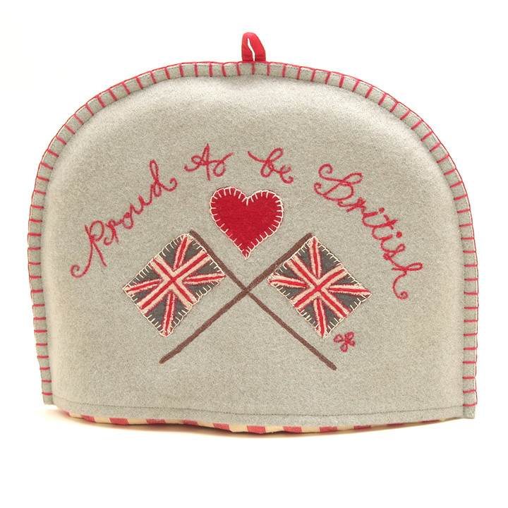 Proud to be British Union Jack Flag Tea Cosy, duck egg blue, red heart, wool