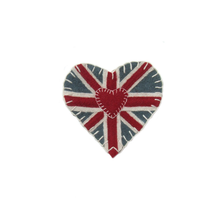 Union Jack Heart Brooch, hand-embroidered, wool