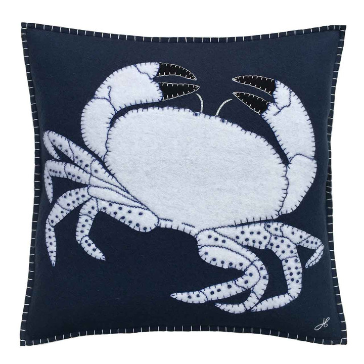 Made from navy blue wool felt and appliquéd with a magnificent cream crab with black claws, this beautiful design is  hand-embroidered with blanket stitch, chain stitch and is finished with French knots.