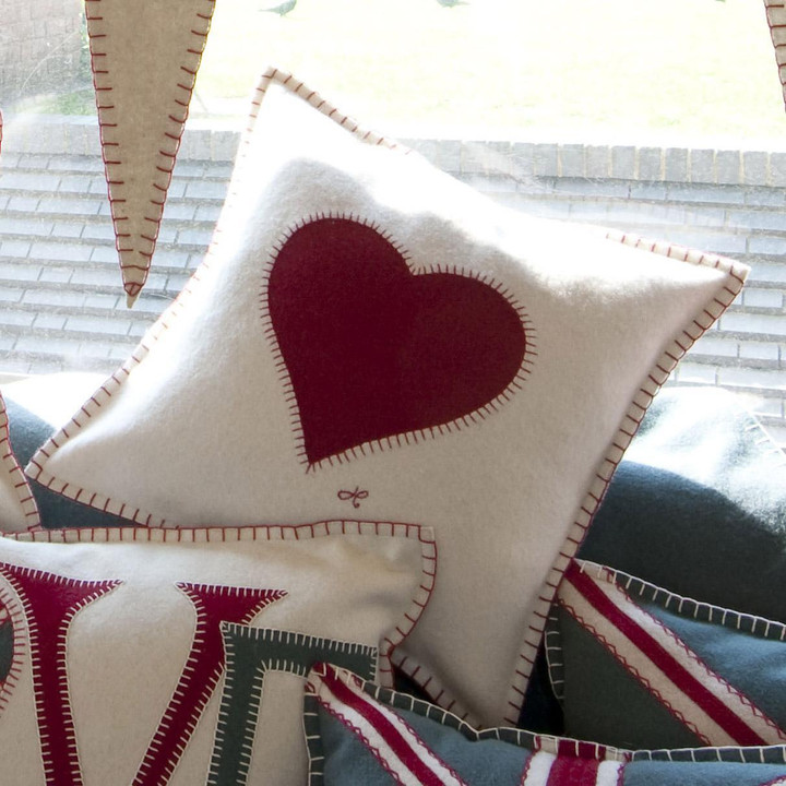 Heart cushion, cream and red wool, hand-embroidered