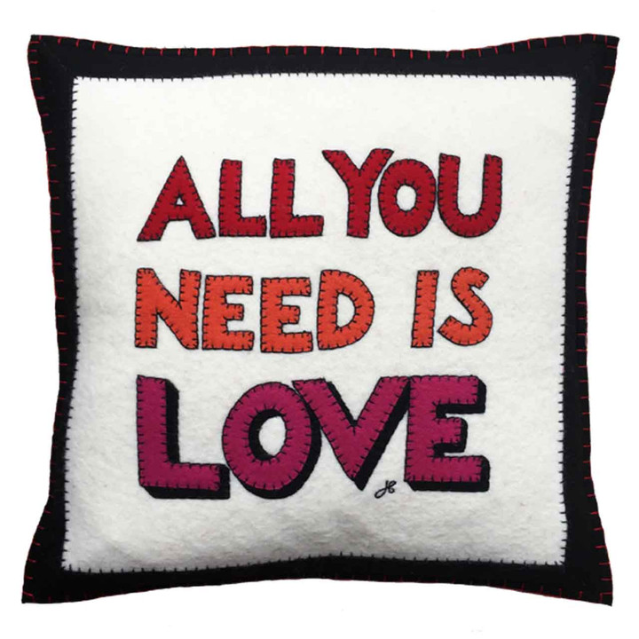 Hand-embroidered square slogan cushion. Cream, black, multi wool felt. Love, Valentine, pop art.