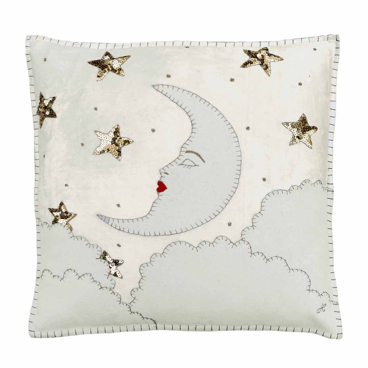 Mr　Jan　Cream　Cushion　Hand　Velvet　Embroidered　Moon　Constantine