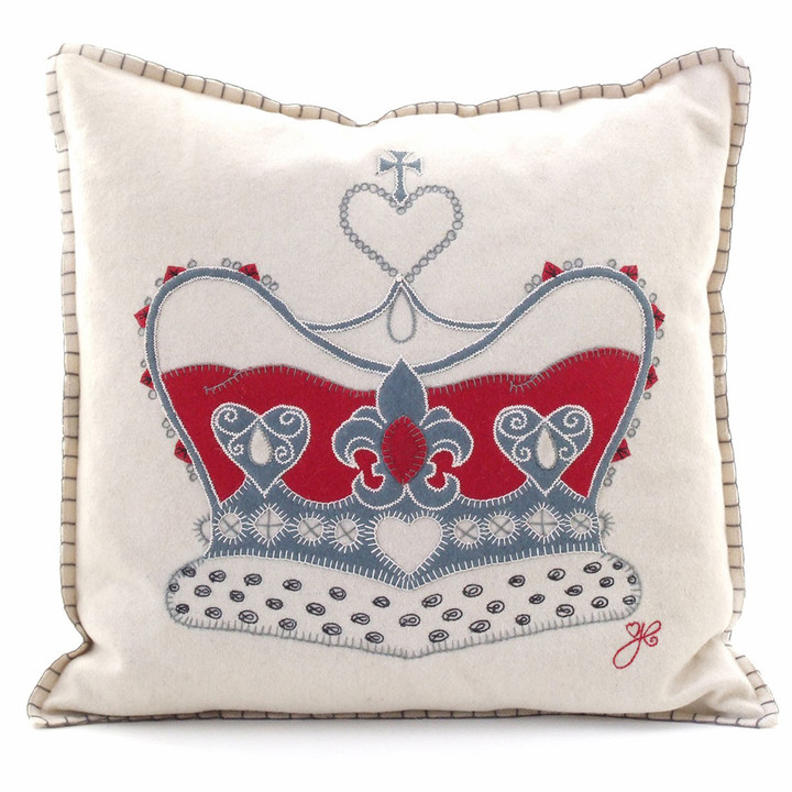 Crown cushion, cream, red and grey wool, hand-embroidered heirloom.