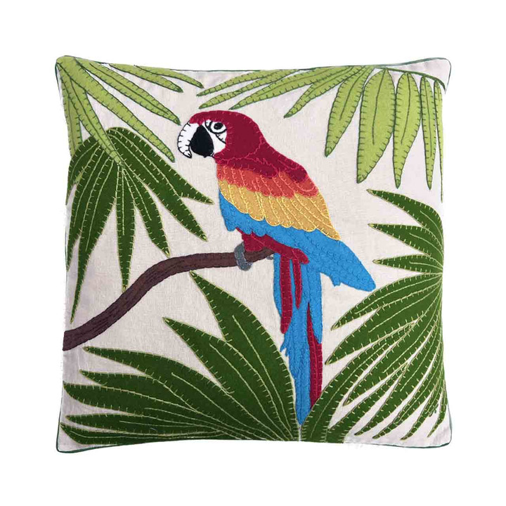 Linen Tropical Parrot Cushion (Cream)