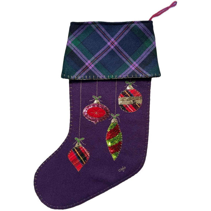 Baubles Christmas Stocking With Tartan Cuff (Purple)