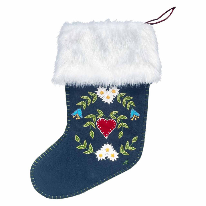 Alpine Heart Christmas Stocking with Faux Fur Cuff (Navy)