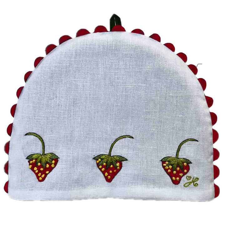 Small Strawberry Tea Cosy with Rickrack (White)