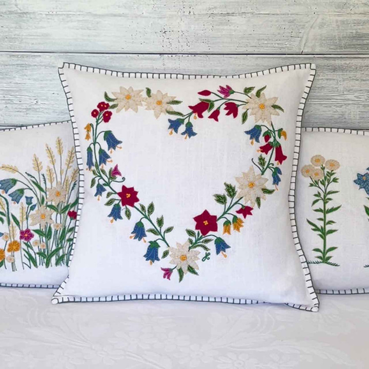 Alpine Wildflower Heart Cushion Cover (White)