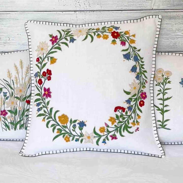 Alpine Wildflower Wreath Cushion Cover (White)